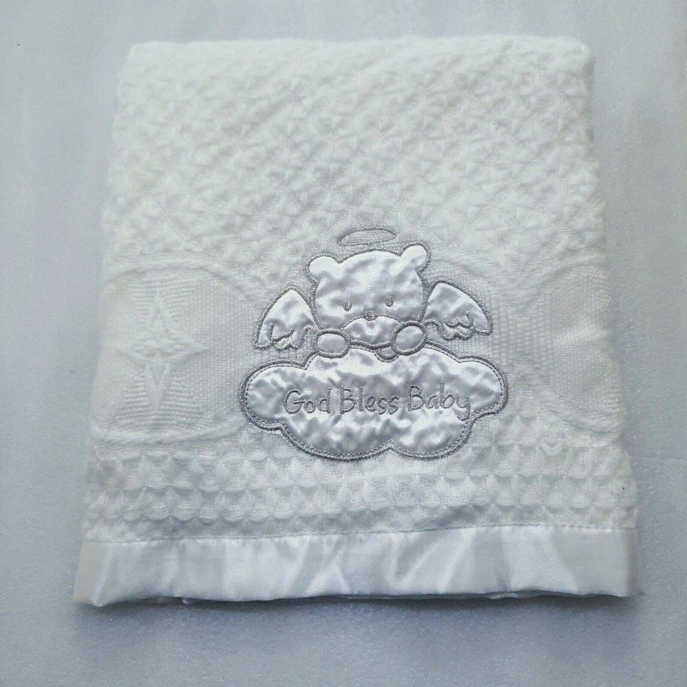 Baby Starters God Bless Baby blanket satin‎ trim white teddy bear angel acrylic